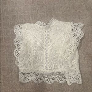 White Lace Flutter Sleeve Blouse with High Neck